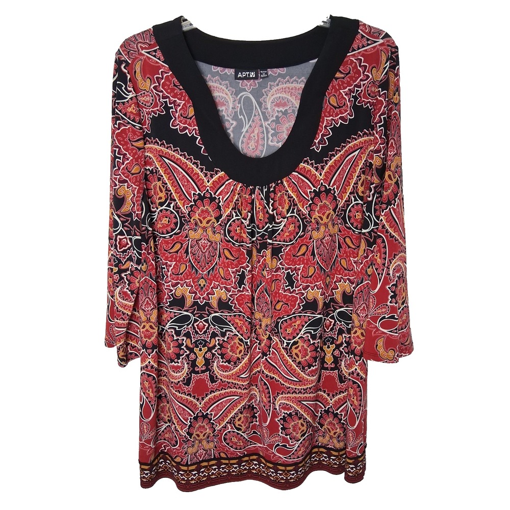Apt 9 Paisley Floral Print Tunic Top Size 1X U Shape Neckline Pleats Whimsigoth‎